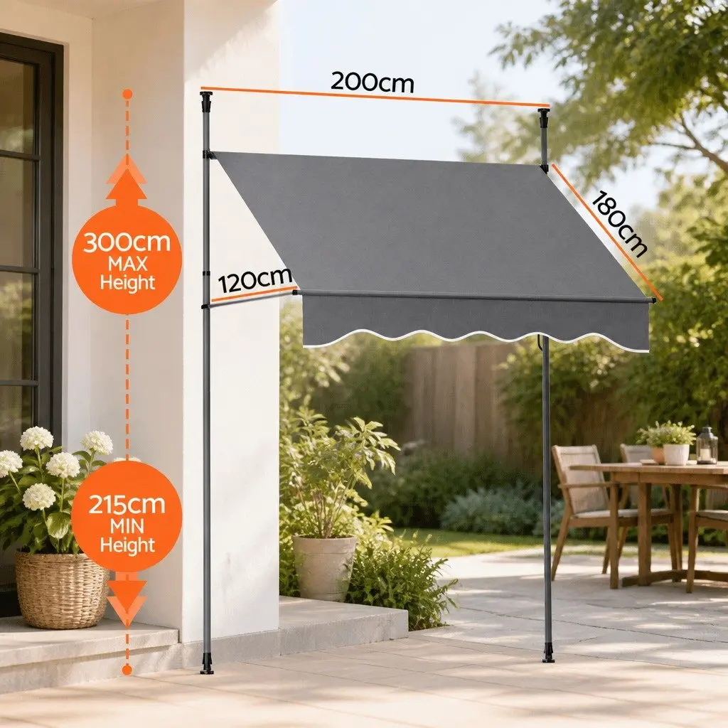 Retractable Awning Outdoor Shade 2X1.8M Grey