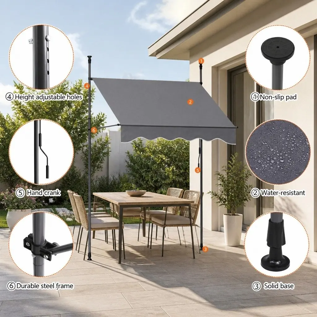 Retractable Awning Outdoor Shade 2X1.8M Grey