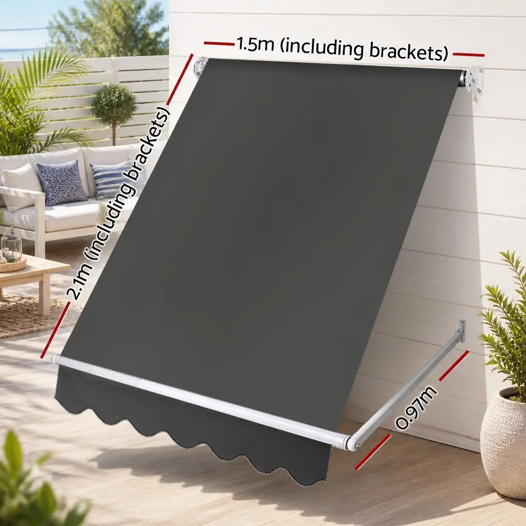 Retractable Pivot Arm Awning Outdoor Shade 1.5m x 2.1m Grey