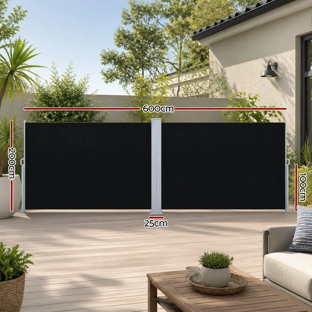 Retractable Side Awning Outdoor Sun Shade Screen 2M x 6M Black