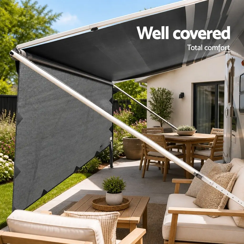 Caravan Privacy Screen Roll Out Awning End Wall Side Sun Shade 3.7 x 1.95M Grey
