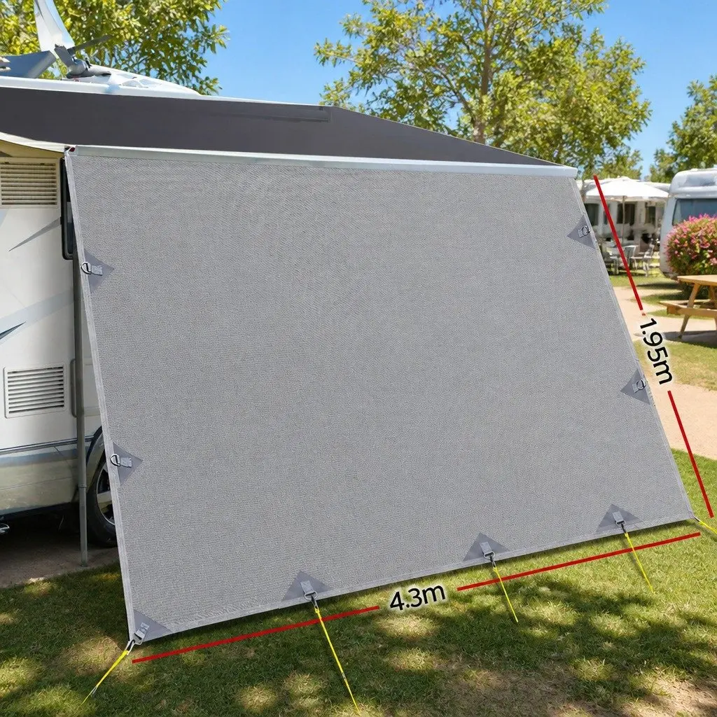 Caravan Privacy Screen Roll Out Awning End Wall Side Sun Shade 4.3 x 1.95M Grey