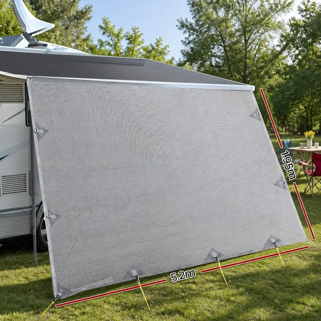 Caravan Privacy Screen Roll Out Awning 5.2x1.95M End Wall Side Sun Shade Grey