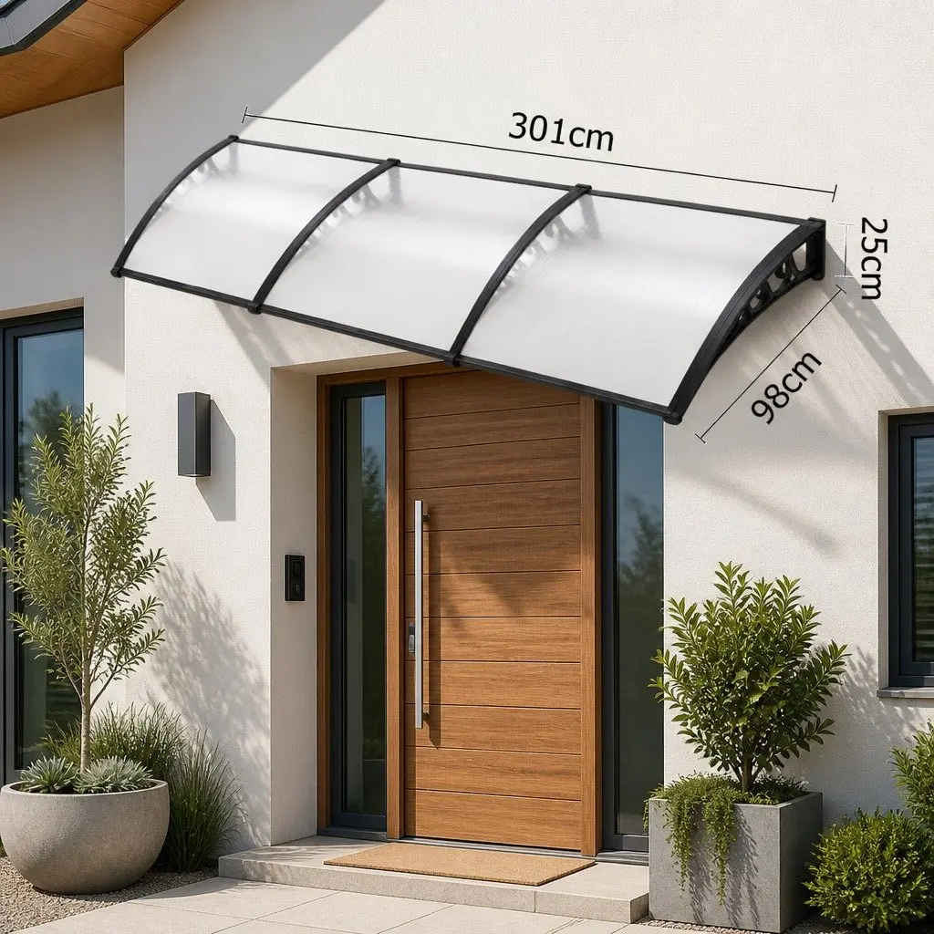 Awning Window Door Canopy 1m x 3m Transparent PC Panel Black Brackets