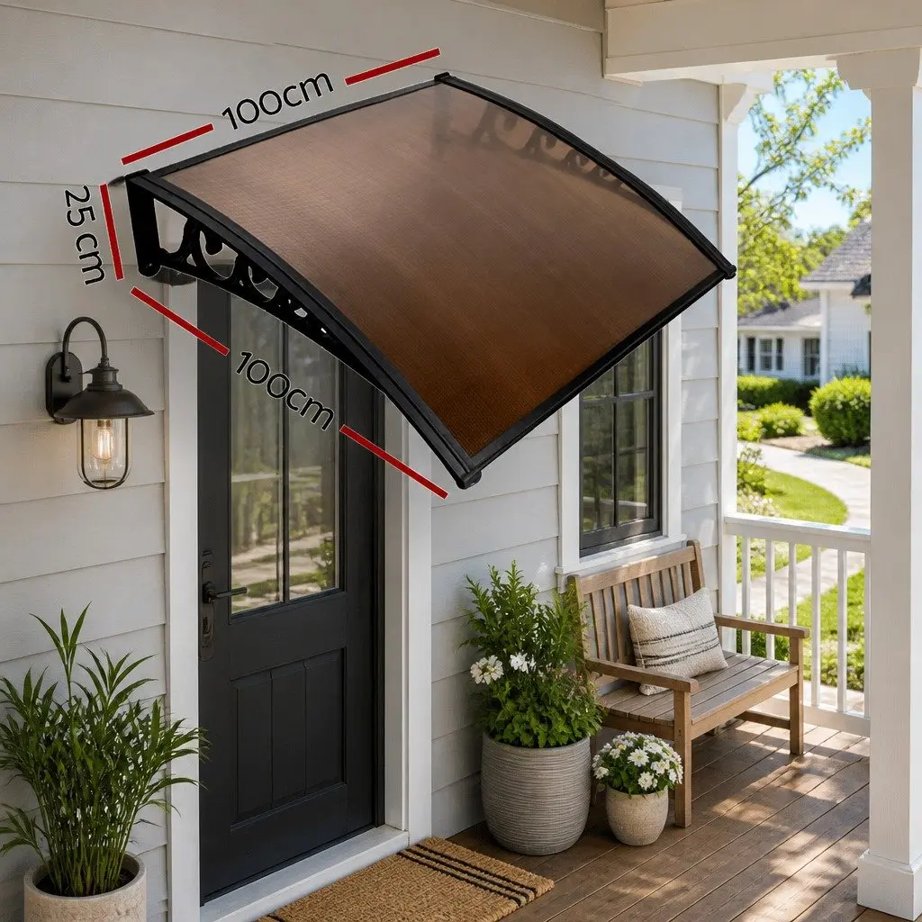 Window Door Awning 1m x 1m Brown Polycarbonate Panel Aluminium Bracket Shade