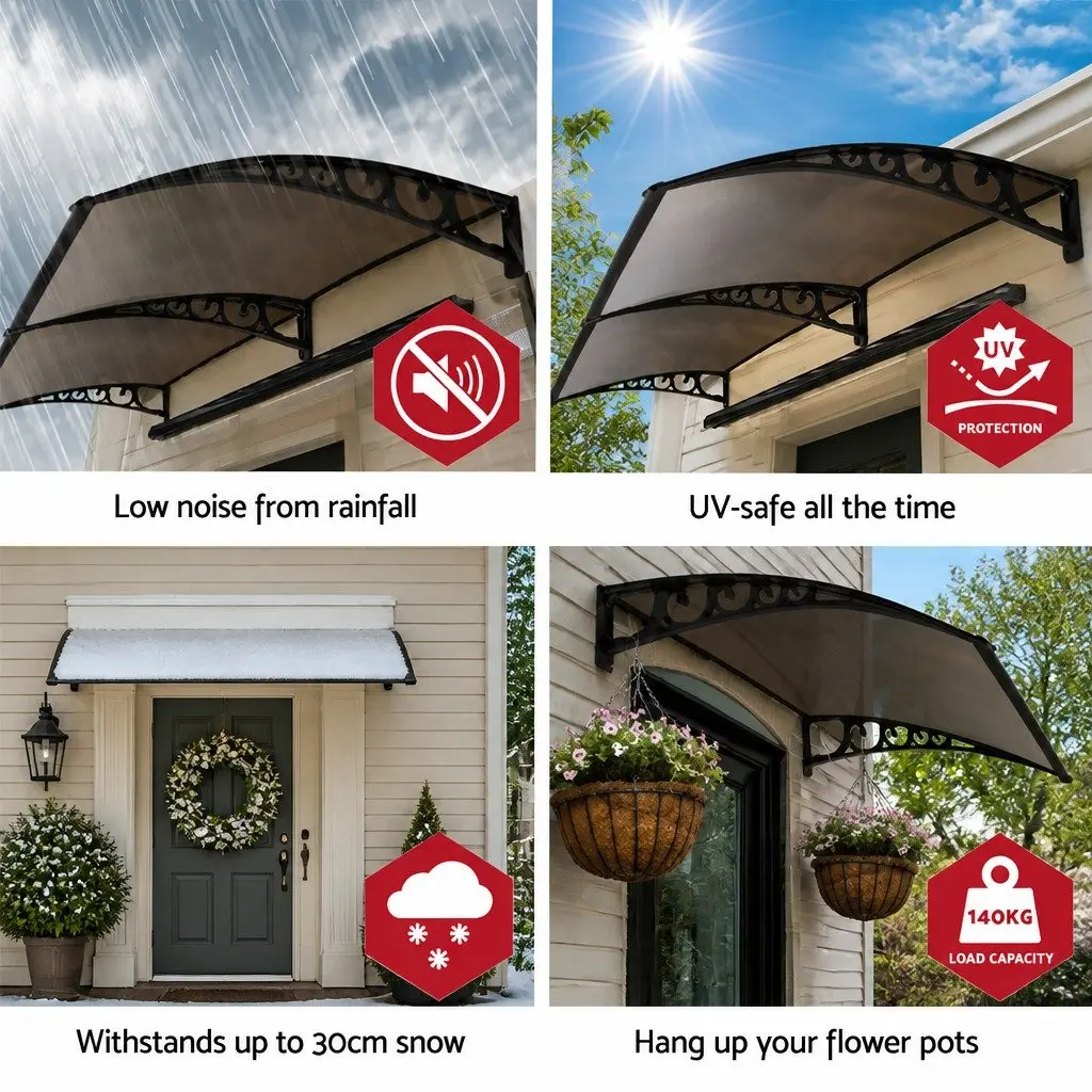 Window Door Awning 1m x 1m Brown Polycarbonate Panel Aluminium Bracket Shade