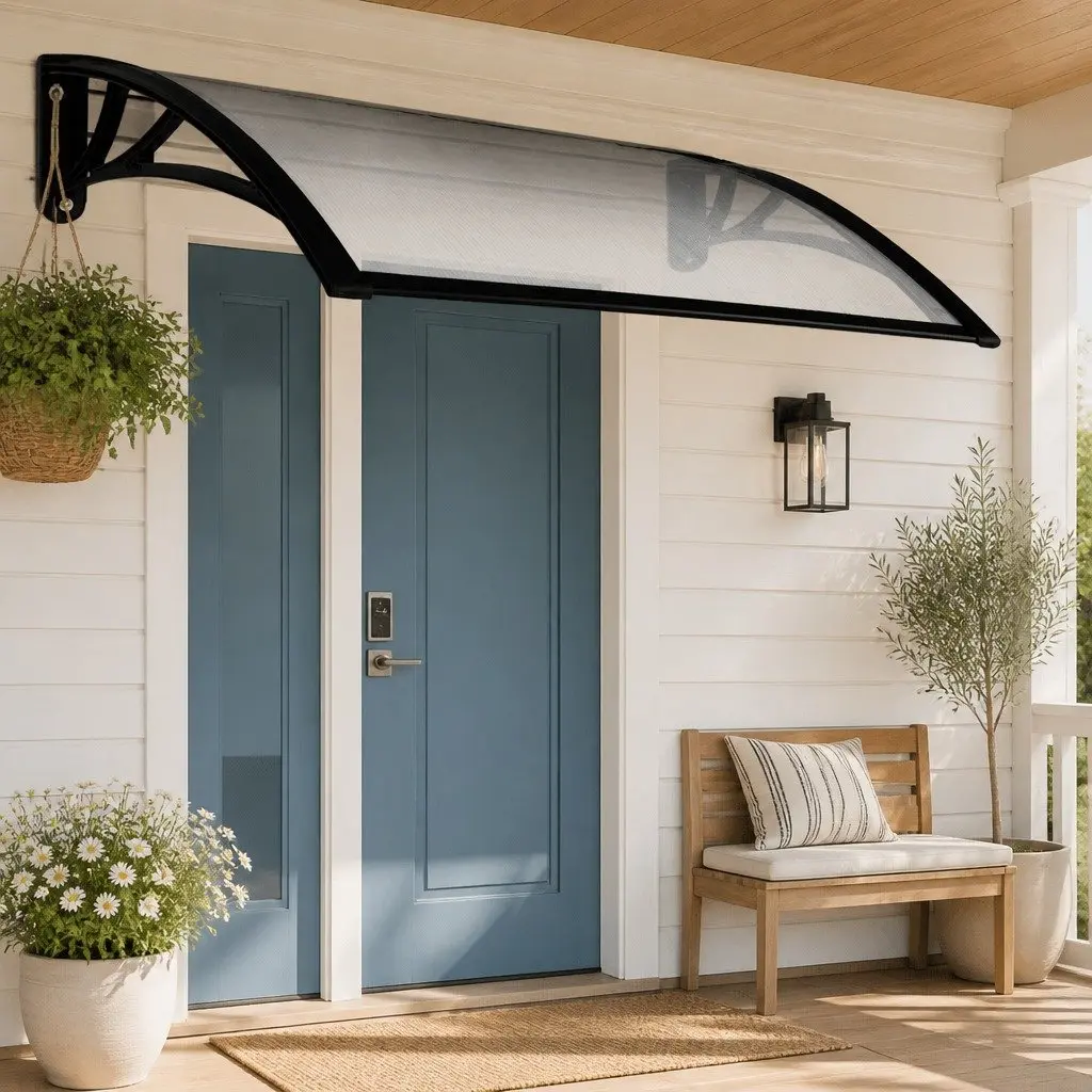 Awning Canopy for Window Door 1m x 2m Transparent PC Panel Black Bracket Outdoor Shade