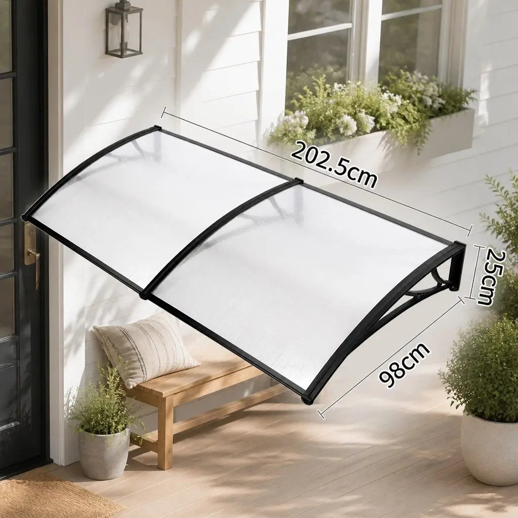 Awning Canopy for Window Door 1m x 2m Transparent PC Panel Black Bracket Outdoor Shade