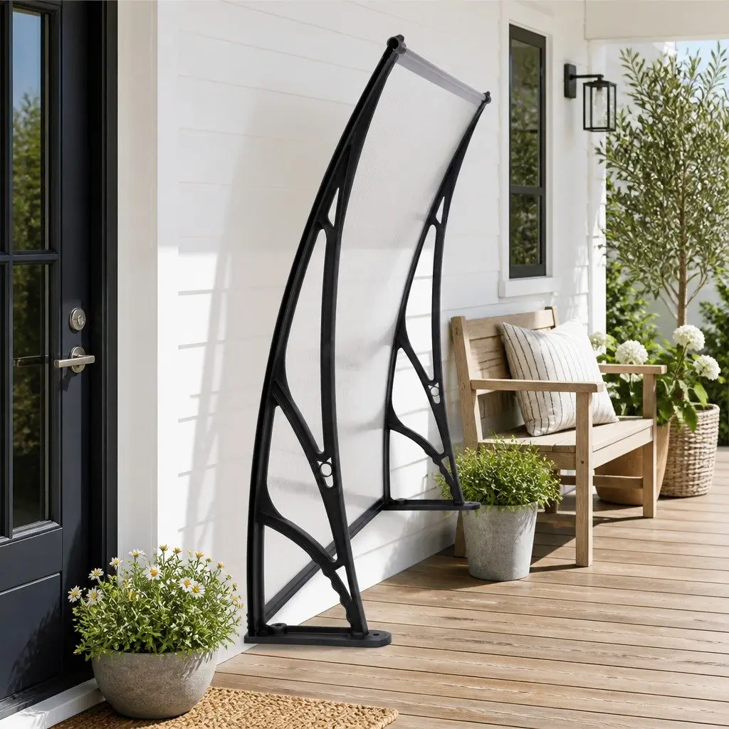 Awning Canopy for Window Door 1m x 2m Transparent PC Panel Black Bracket Outdoor Shade