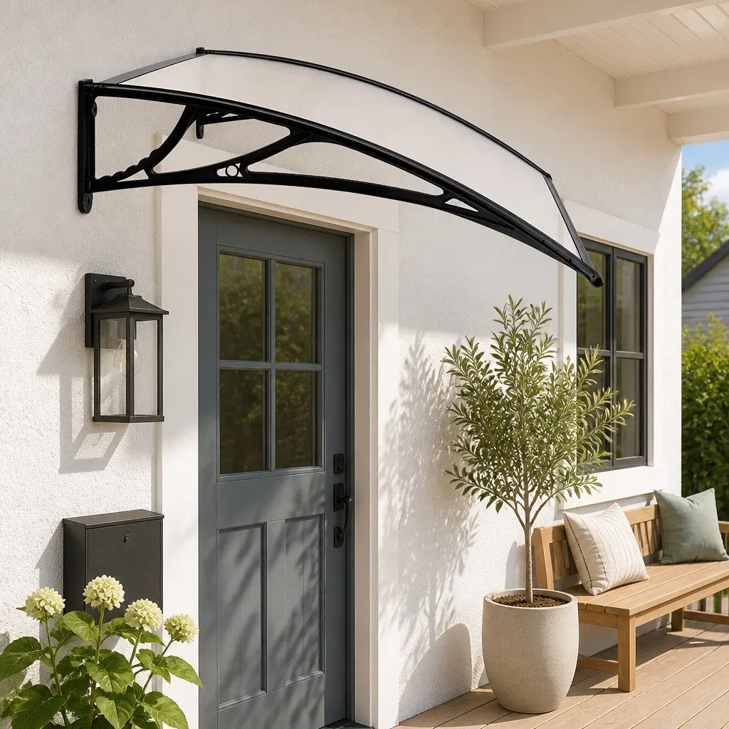 Awning Canopy for Window Door 1m x 2m Transparent PC Panel Black Bracket Outdoor Shade