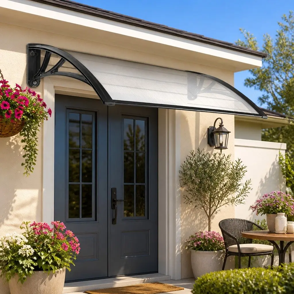 Awning Canopy for Window Door 1m x 2m Transparent PC Panel Black Bracket Outdoor Shade