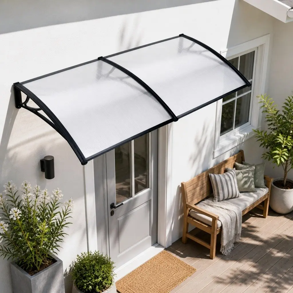 Awning Canopy for Window Door 1m x 2m Transparent PC Panel Black Bracket Outdoor Shade