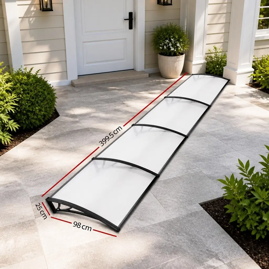 Awning Canopy DIY Shade Cover 1m x 4m Clear Panel Black Brackets