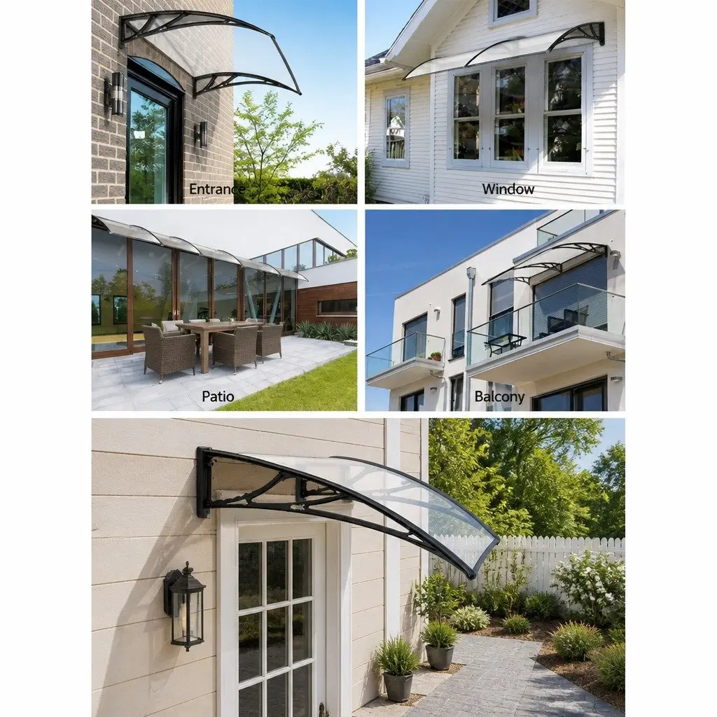 Awning Canopy DIY Shade Cover 1m x 4m Clear Panel Black Brackets