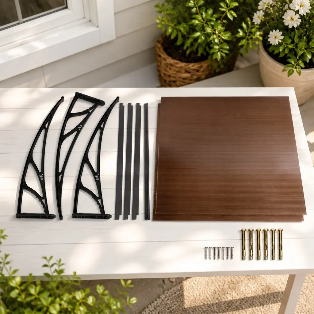Awning Canopy Window Door 1m x 2m Brown Panel Black Frame