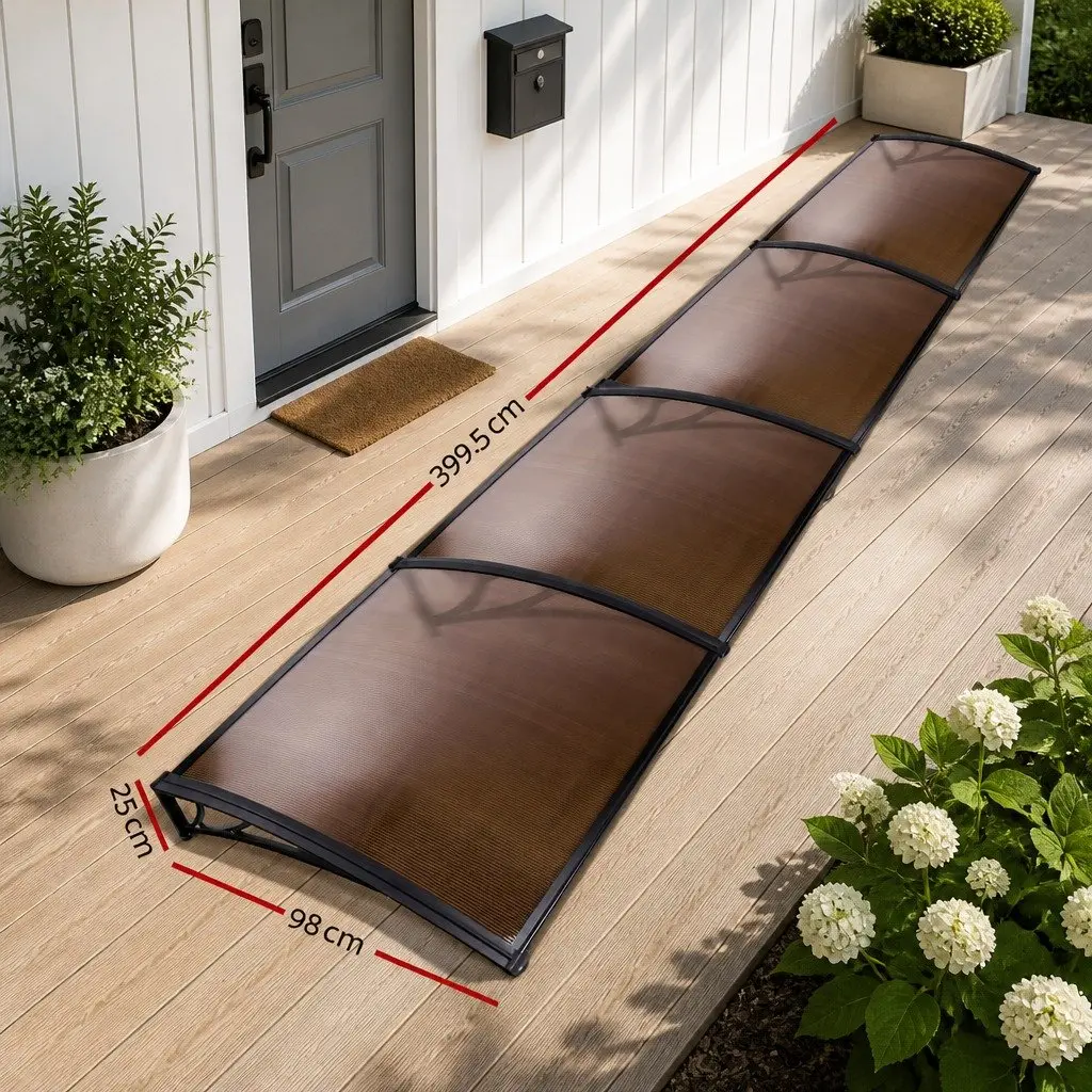 Awning Canopy Door Window 1m x 4m Brown PC Panel Black Frame