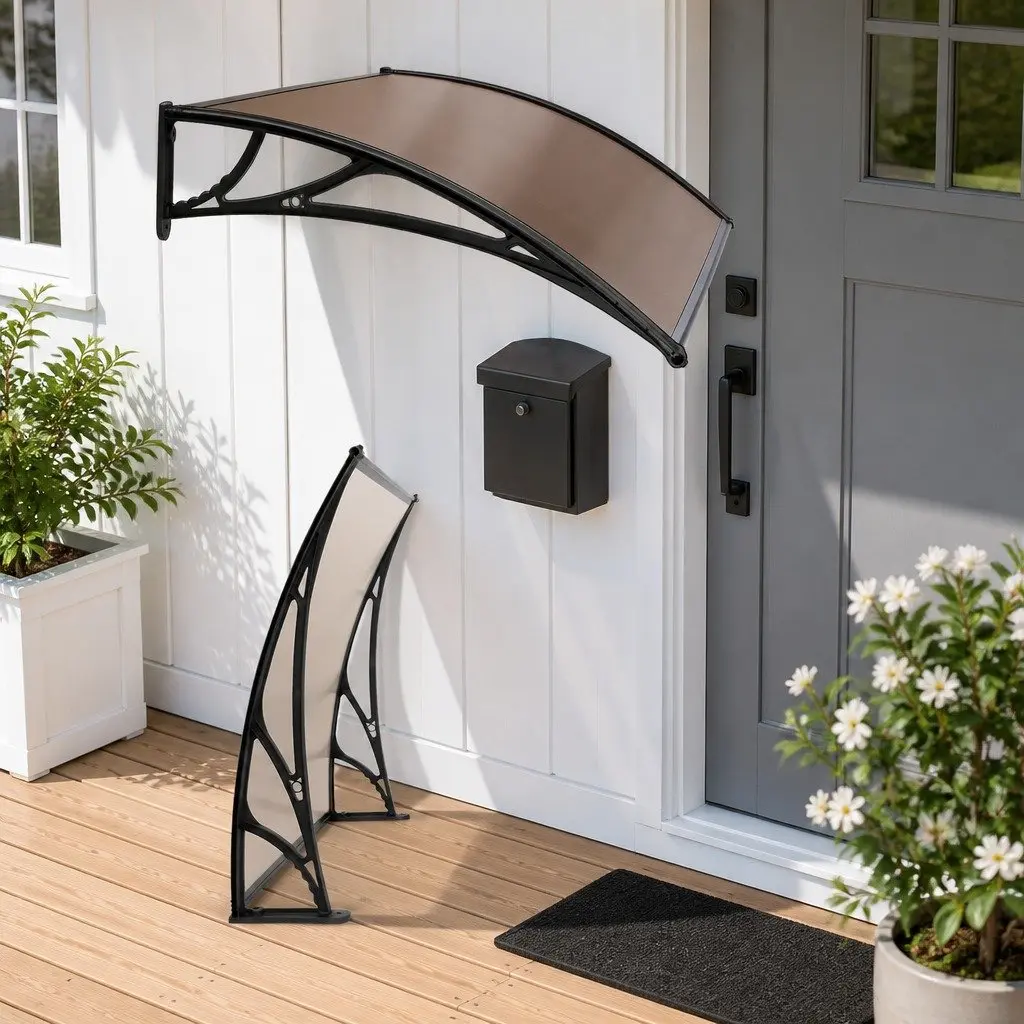 Awning Canopy Door Window 1m x 4m Brown PC Panel Black Frame