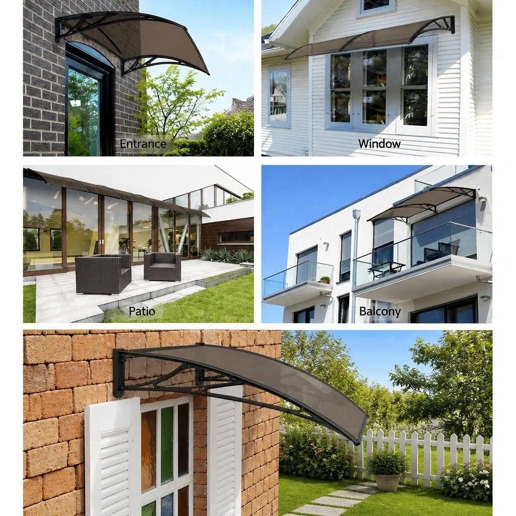 Awning Canopy Door Window 1m x 4m Brown PC Panel Black Frame