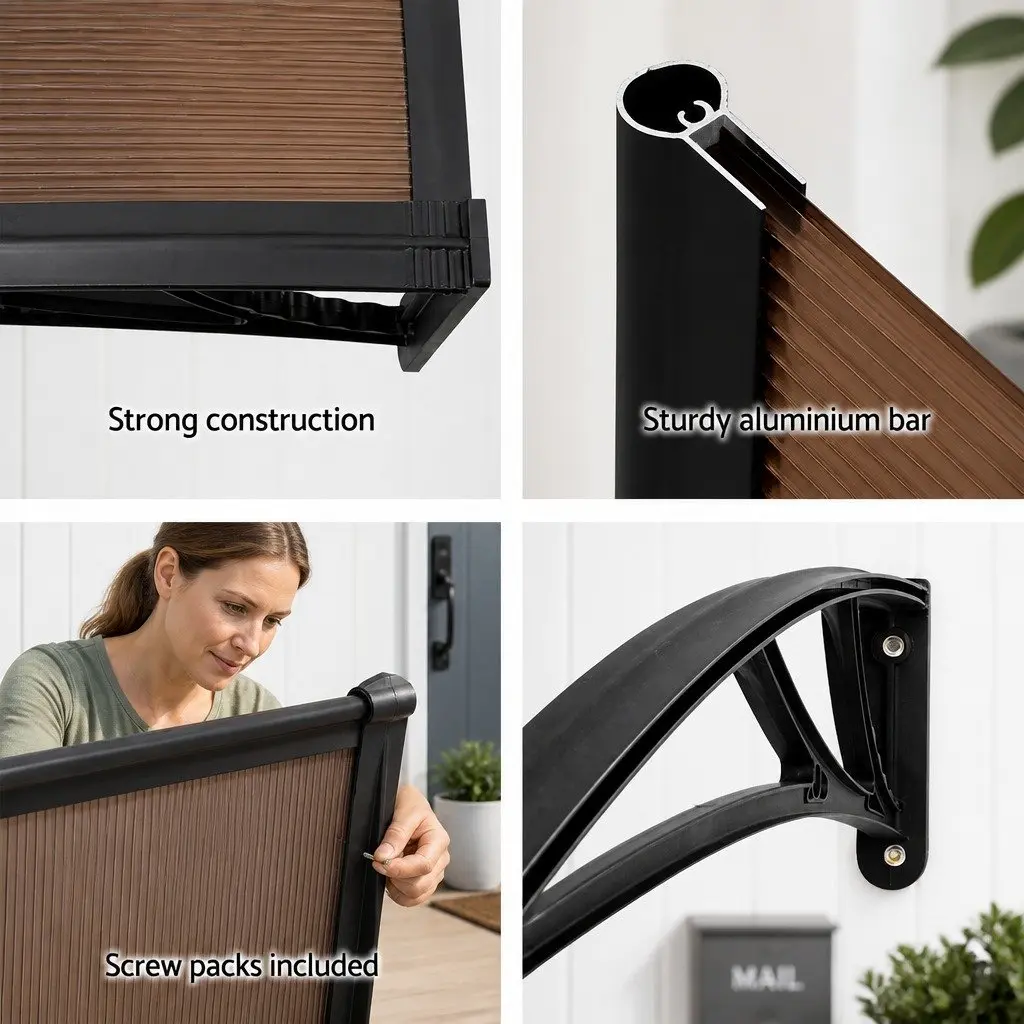 Awning Canopy Door Window 1m x 4m Brown PC Panel Black Frame