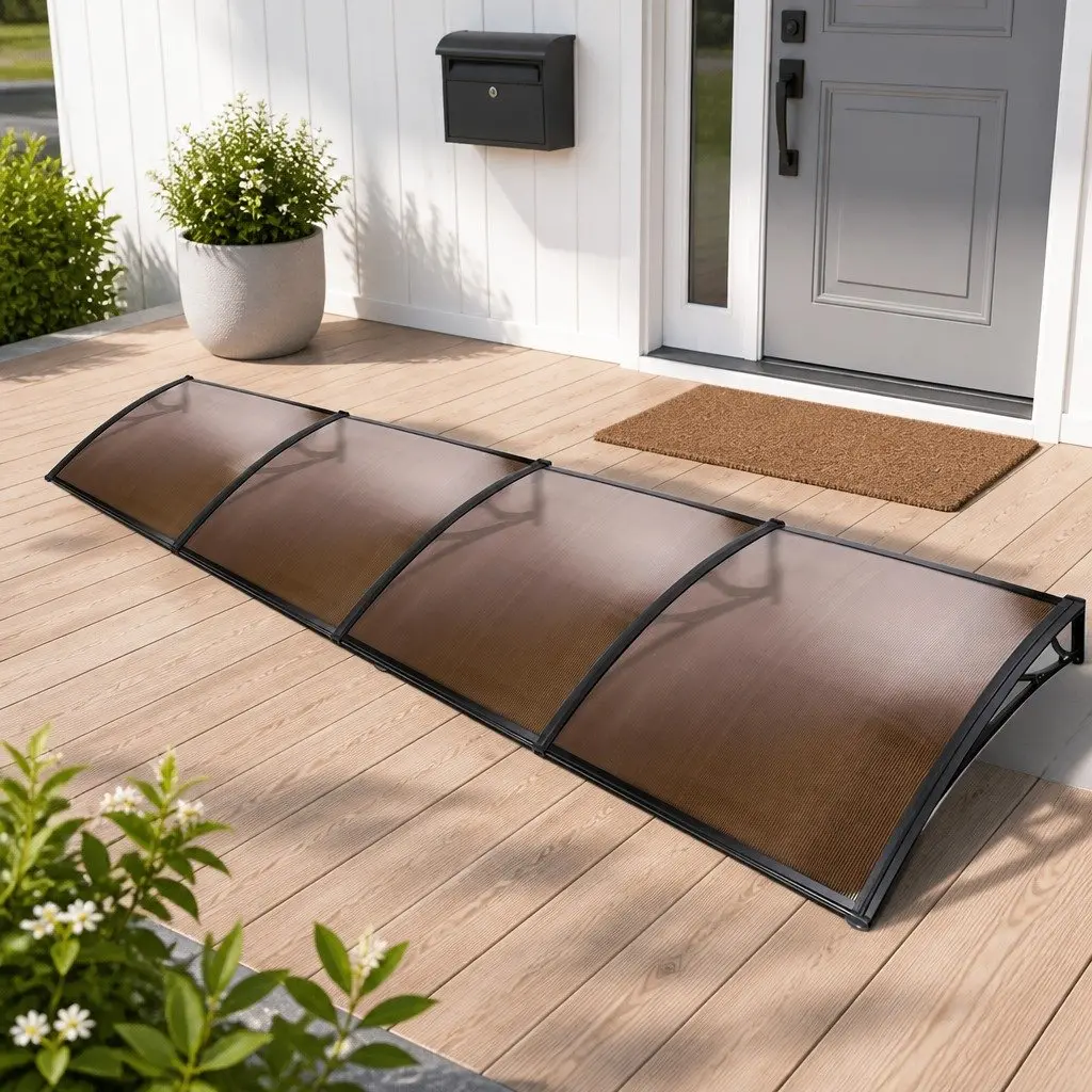 Awning Canopy Door Window 1m x 4m Brown PC Panel Black Frame