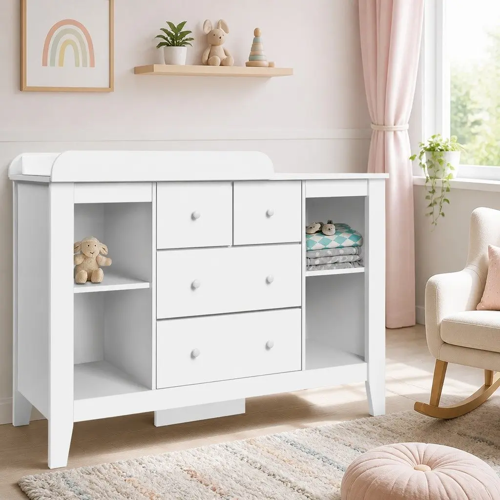 Changing Table Diaper Station Storage Chest with Drawers and Shelves White