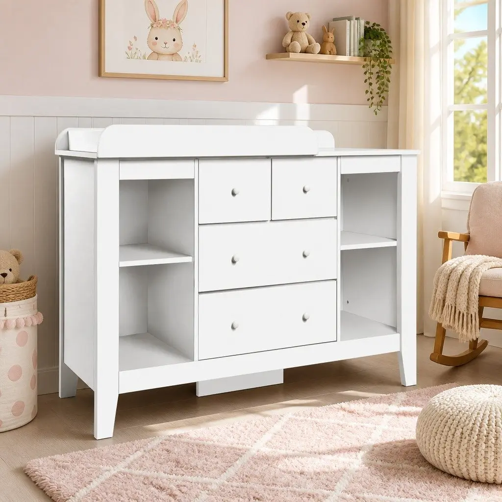 Changing Table Diaper Station Storage Chest with Drawers and Shelves White