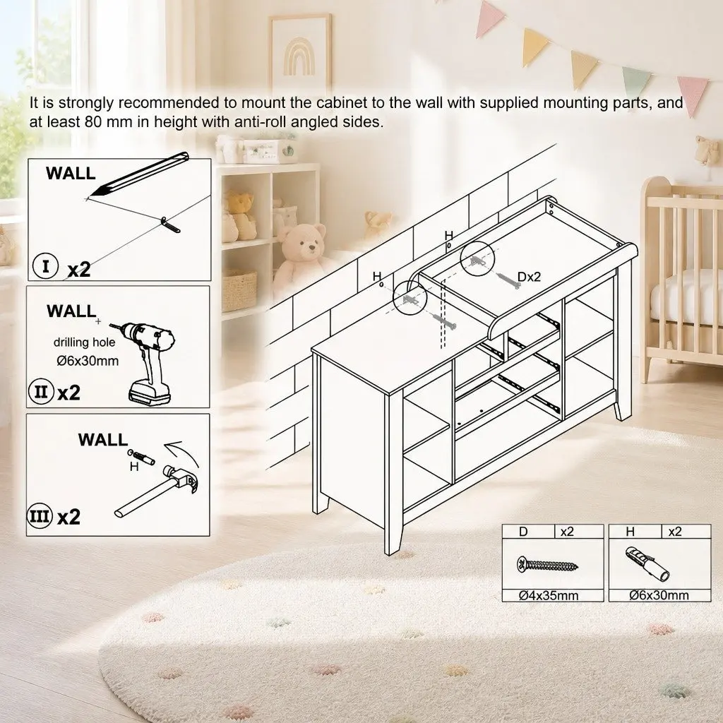 Changing Table Diaper Station Storage Chest with Drawers and Shelves White