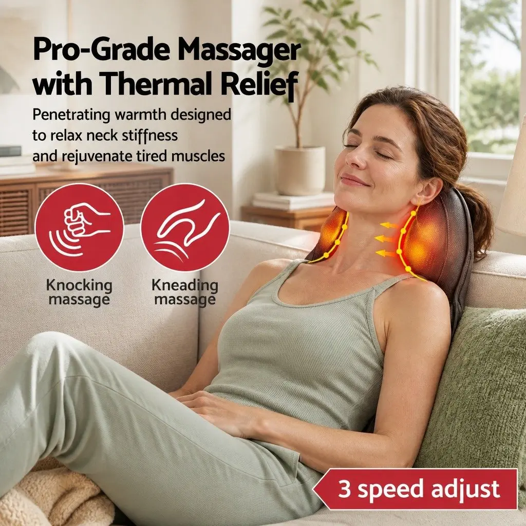 Back Massager Cordless Electric Neck Shoulder Lumbar Pillow 3-Speed Kneading Black