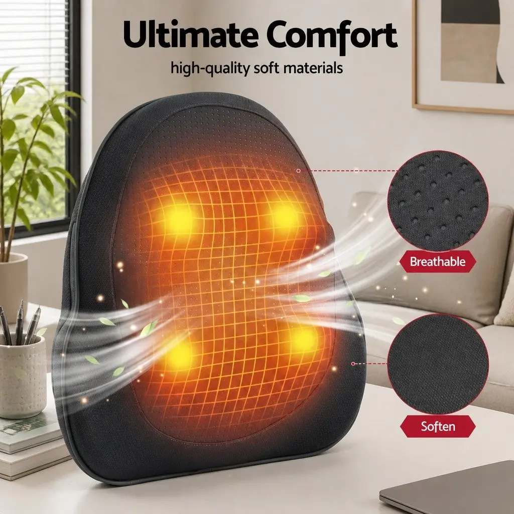 Back Massager Cordless Electric Neck Shoulder Lumbar Pillow 3-Speed Kneading Black