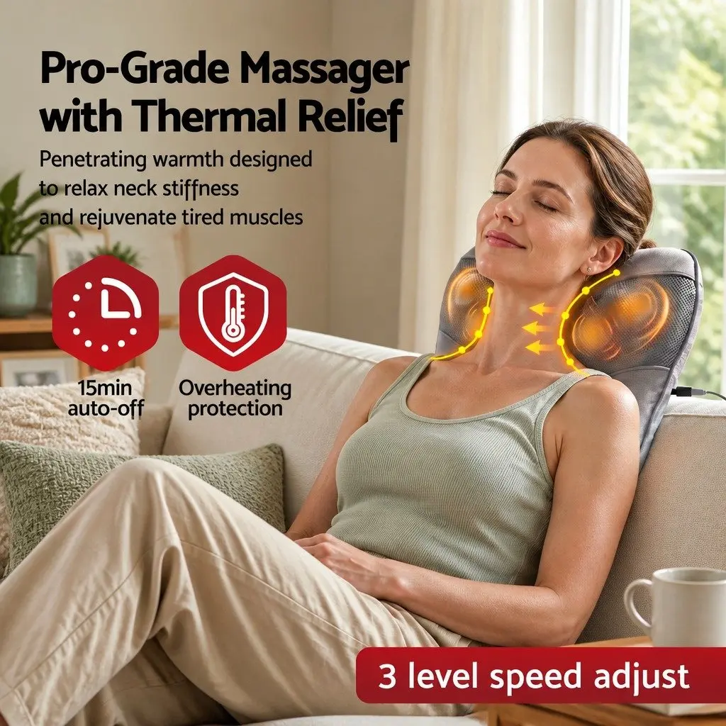 Back Massage Pillow USB Neck Shoulder Lumbar Support 3-Speed Heat Relief