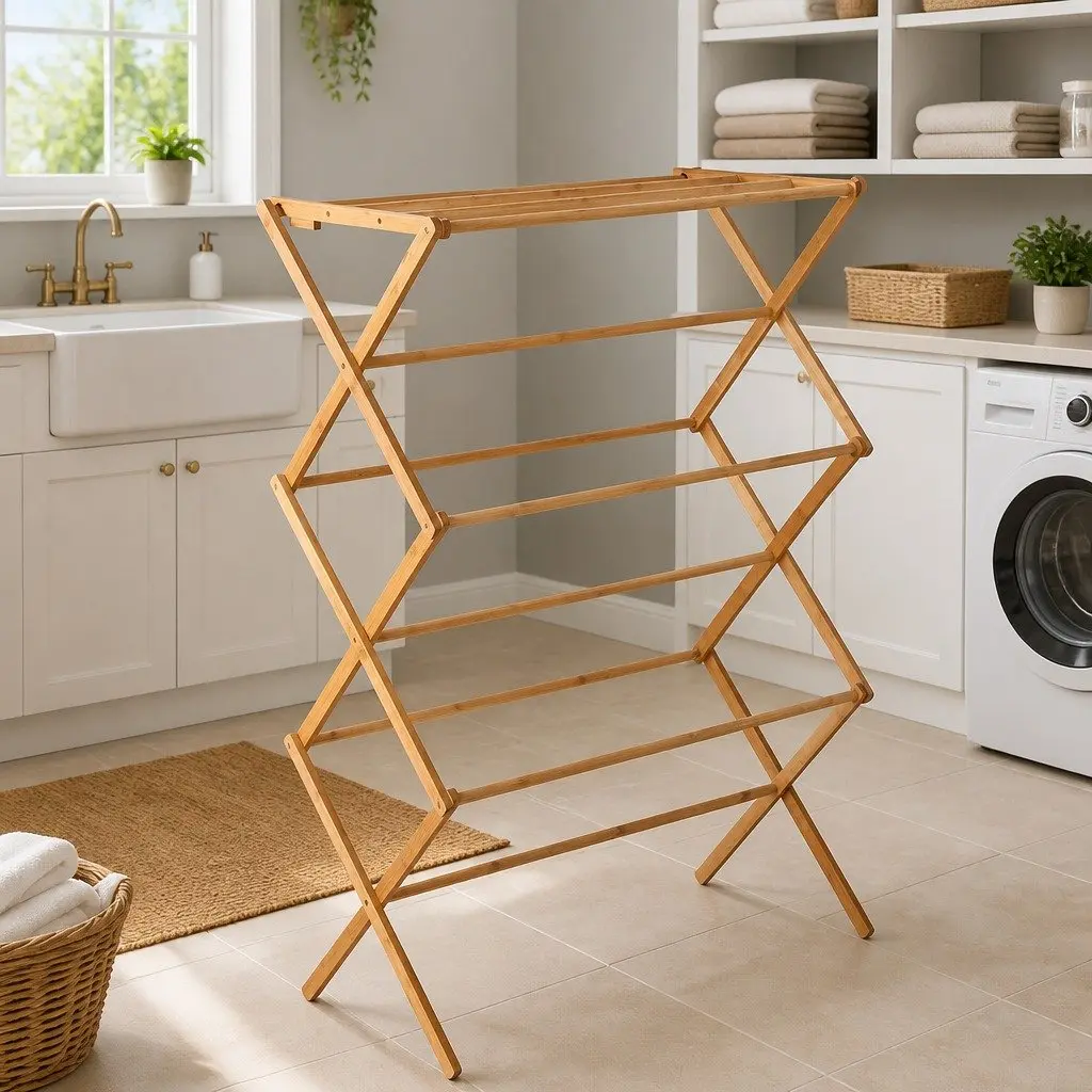 Bamboo Drying Rack Foldable Clothes Airer Natural 11 Bars Space Saving