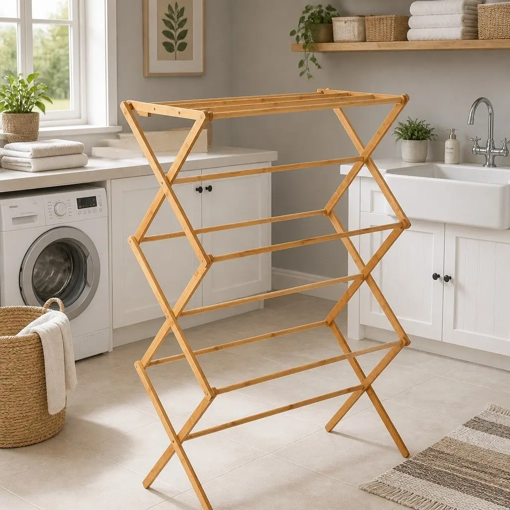 Bamboo Drying Rack Foldable Clothes Airer Natural 11 Bars Space Saving