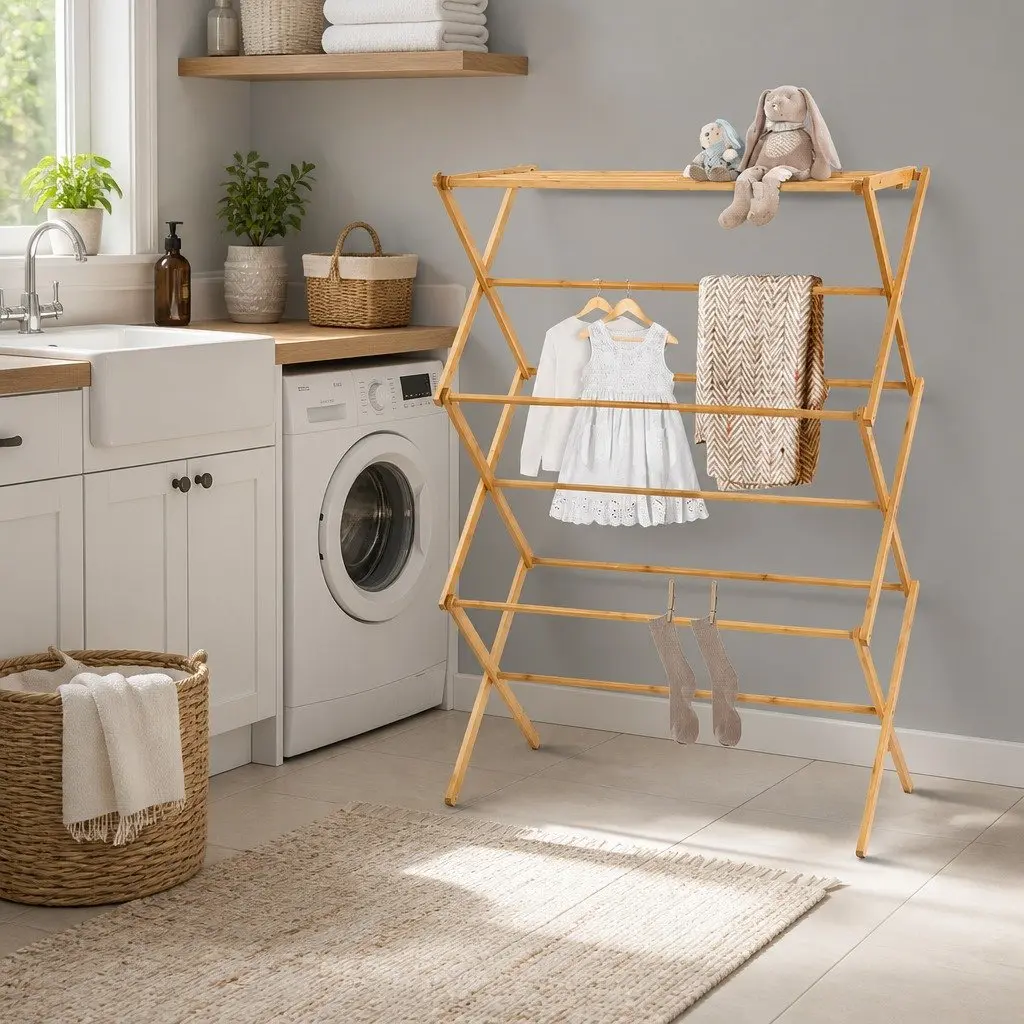 Bamboo Drying Rack Foldable Clothes Airer Natural 11 Bars Space Saving