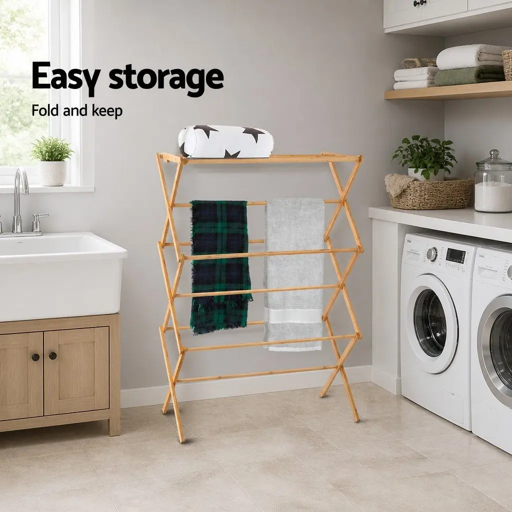 Bamboo Drying Rack Foldable Clothes Airer Natural 11 Bars Space Saving