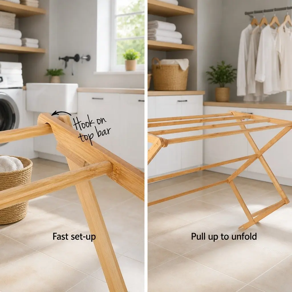 Bamboo Drying Rack Foldable Clothes Airer Natural 11 Bars Space Saving