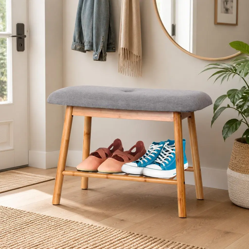 Shoe Rack Bench with Fabric Seat Storage Organizer 2-in-1 Entryway Hallway