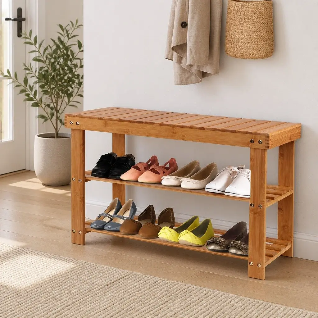 Bamboo Shoe Bench Rack Storage Organizer Natural Wood Entryway 10 Pairs