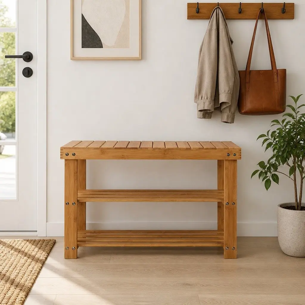 Bamboo Shoe Bench Rack Storage Organizer Natural Wood Entryway 10 Pairs