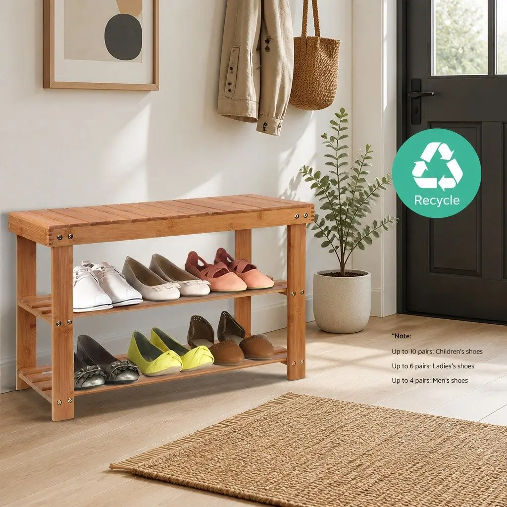 Bamboo Shoe Bench Rack Storage Organizer Natural Wood Entryway 10 Pairs