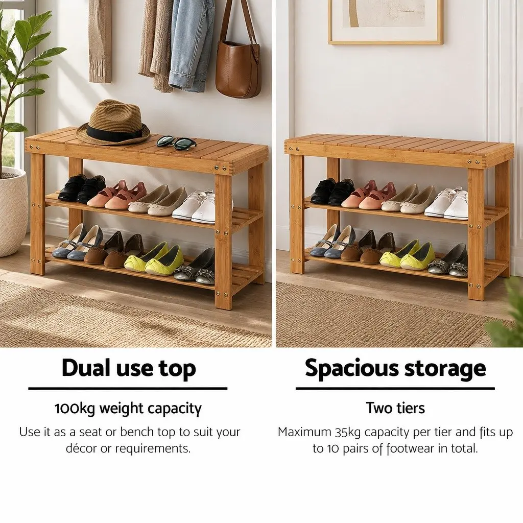 Bamboo Shoe Bench Rack Storage Organizer Natural Wood Entryway 10 Pairs