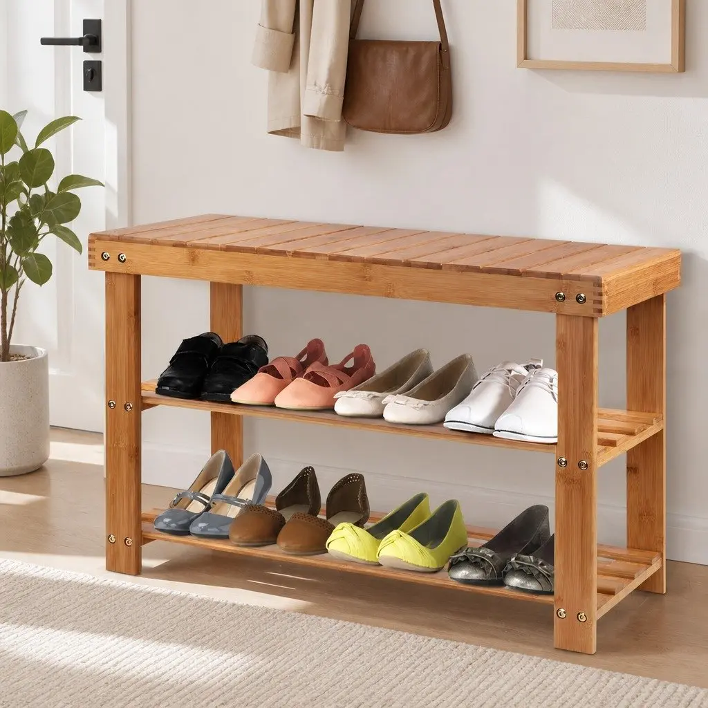 Bamboo Shoe Bench Rack Storage Organizer Natural Wood Entryway 10 Pairs