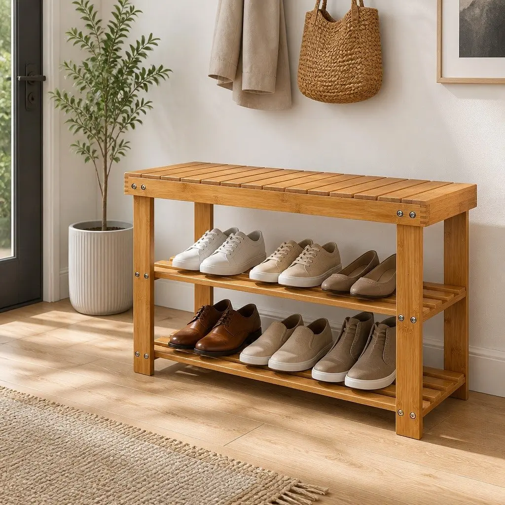 Bamboo Shoe Bench Rack Storage Organizer Natural Wood Entryway 10 Pairs