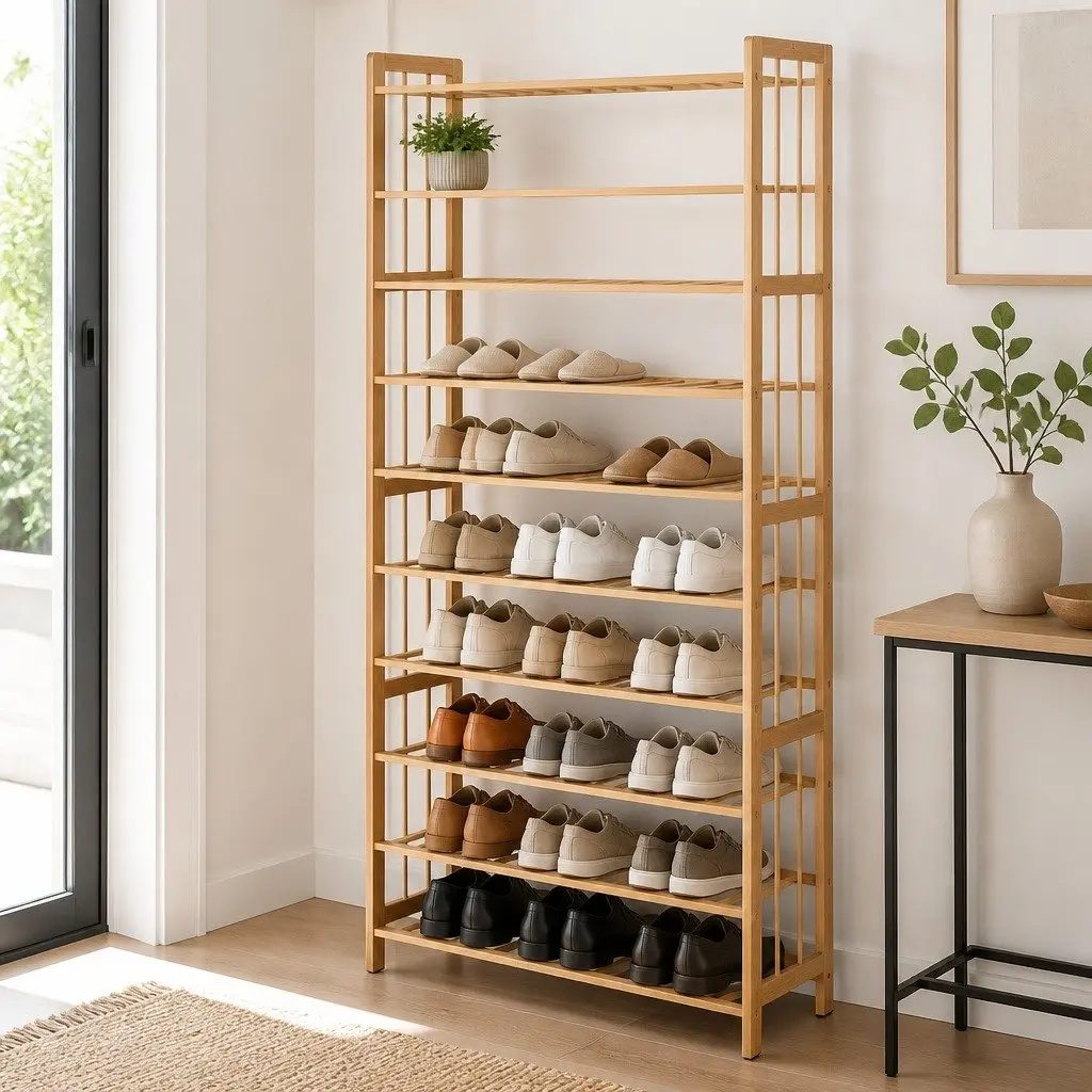 10-Tier Bamboo Shoe Storage Rack Open Organizer Natural Footwear Display Cabinet