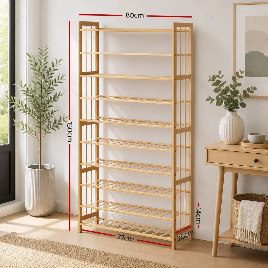 10-Tier Bamboo Shoe Storage Rack Open Organizer Natural Footwear Display Cabinet