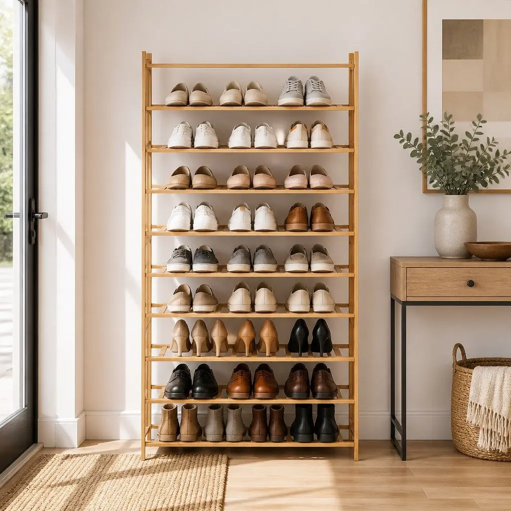 10-Tier Bamboo Shoe Storage Rack Open Organizer Natural Footwear Display Cabinet