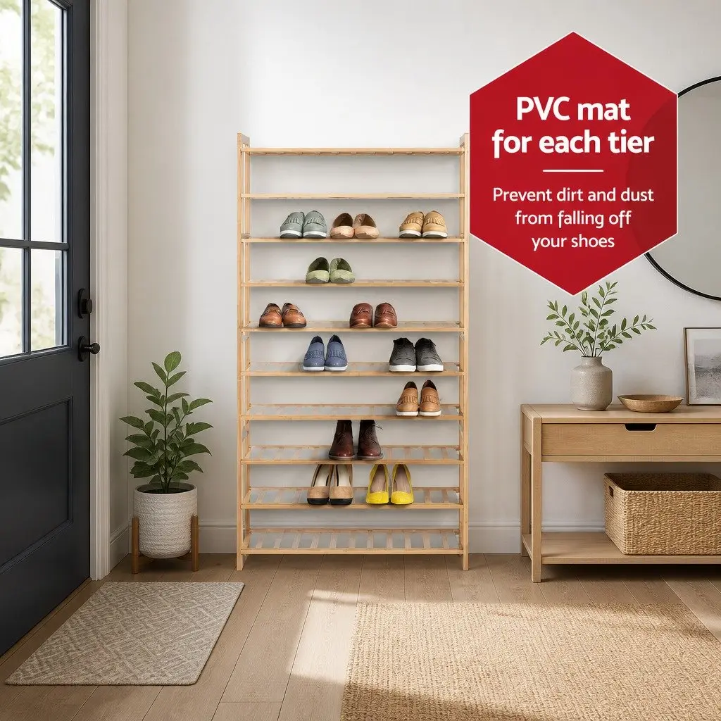 10-Tier Bamboo Shoe Storage Rack Open Organizer Natural Footwear Display Cabinet