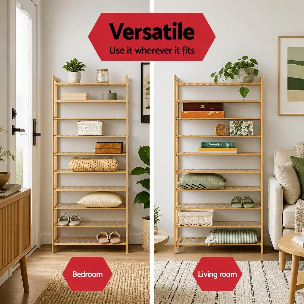 10-Tier Bamboo Shoe Storage Rack Open Organizer Natural Footwear Display Cabinet