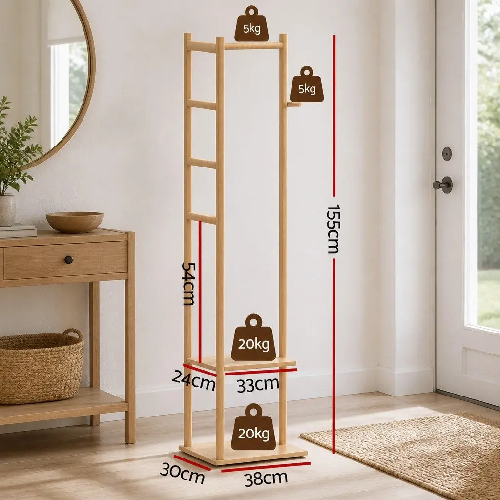Clothes Rack Airer Coat Stand with Hanging Rail Storage Shelf Side Hook Bamboo 38cm W x 30cm D x 155cm H