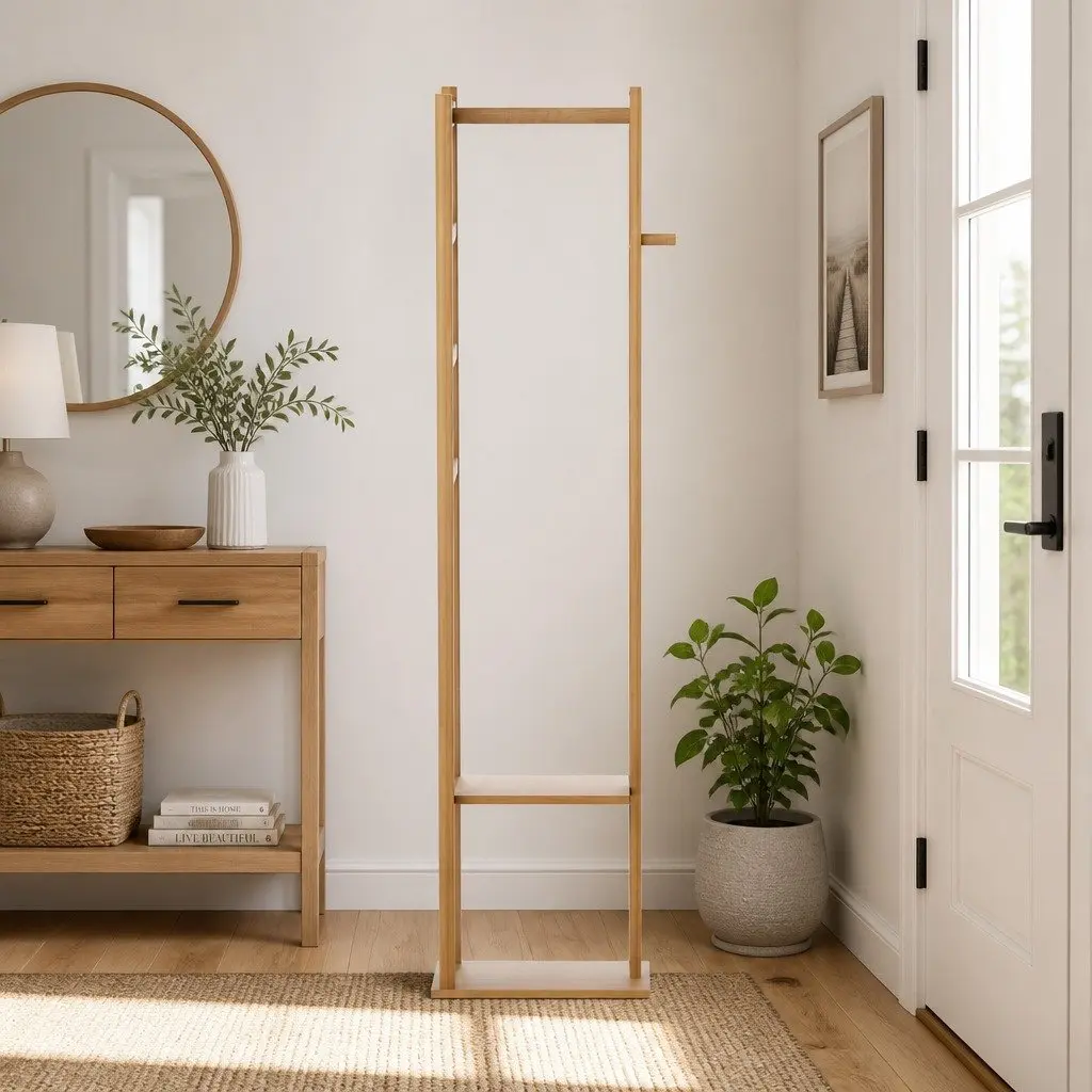 Clothes Rack Airer Coat Stand with Hanging Rail Storage Shelf Side Hook Bamboo 38cm W x 30cm D x 155cm H