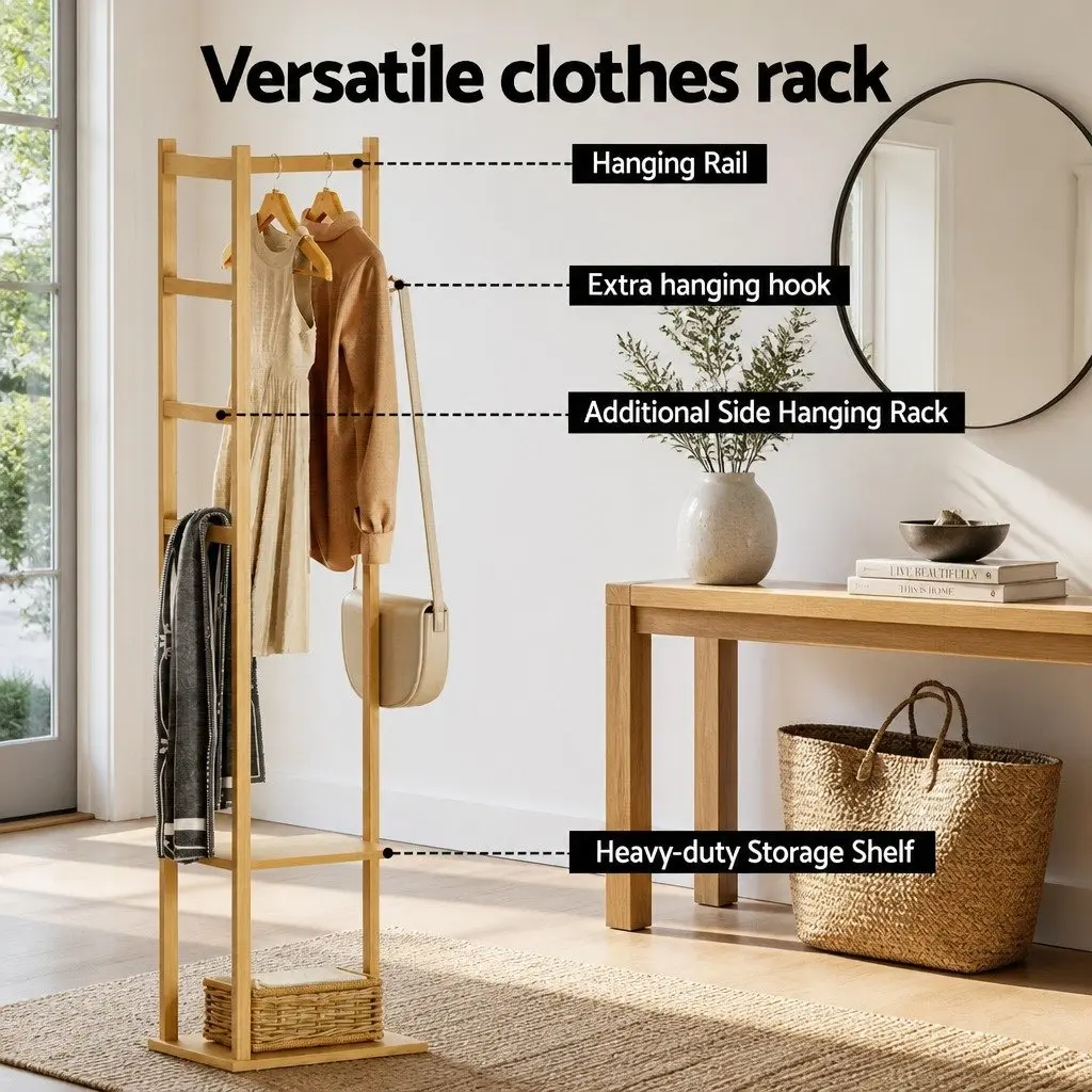 Clothes Rack Airer Coat Stand with Hanging Rail Storage Shelf Side Hook Bamboo 38cm W x 30cm D x 155cm H